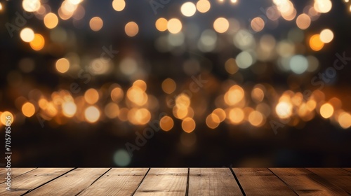 Cozy Wooden Table with Bokeh Lights, Perfect for Vintage Home Decor and Festive Celebrations