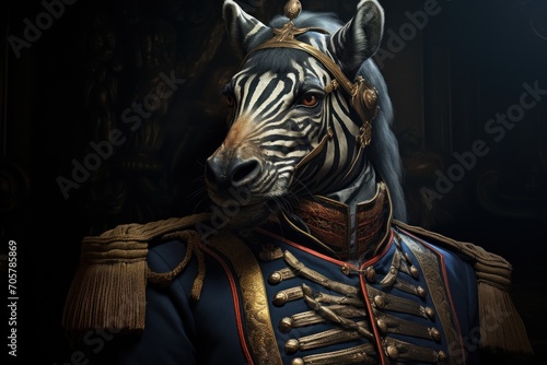  a close up of a zebra wearing a suit and a zebra's head in a dark room with a light shining on the zebra's head and a black background.