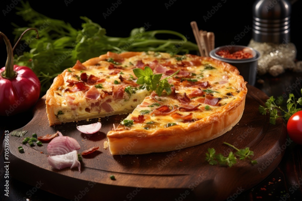  a pizza sitting on top of a wooden cutting board next to a slice of pizza on top of a cutting board next to a slice of pizza on top of a wooden cutting board.