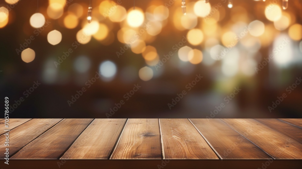 Cozy Wooden Table with Bokeh Lights, Perfect for Vintage Home Decor and Festive Celebrations