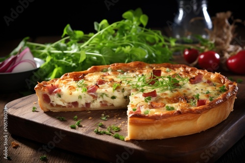 a pizza sitting on top of a wooden cutting board with a slice cut out of it next to a salad and a glass of water on a wooden cutting board.