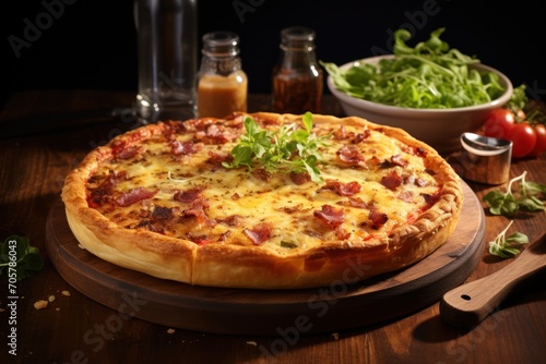  a pizza sitting on top of a wooden cutting board next to a bowl of lettuce and a bowl of tomatoes and a bowl of dressing on the side.