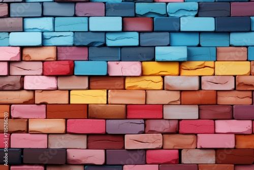  a multicolored brick wall with a red  yellow  blue  pink  and orange block pattern in the middle of the wall and bottom half of the wall.