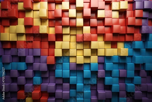  a multicolored wall of cubes with a red, yellow, blue, and purple pattern on top of one of the cubes is a red and blue pattern on the other side of the wall.