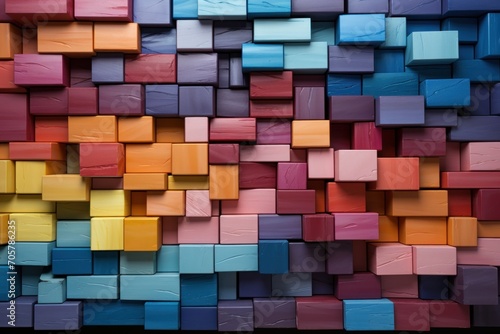  a multicolored wall made up of blocks of different sizes and colors  with a black background that appears to be multicolored with red  blue  yellow  red  orange  purple  and pink  and blue.