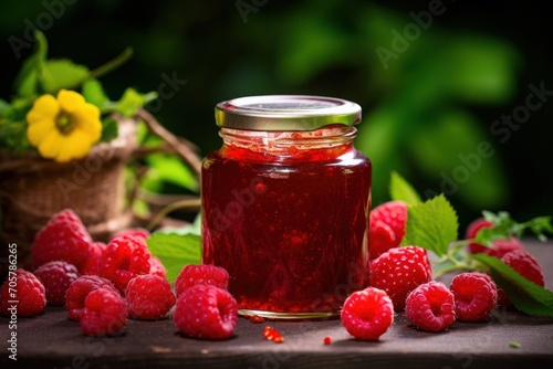  a jar of raspberry jam surrounded by raspberries on a table with a basket of raspberries and a basket of yellow flowers in the background.