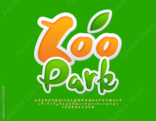 Vector funny sign Zoo Park. Bright Sticker Font. Creative Alphabet Letters and Numbers.