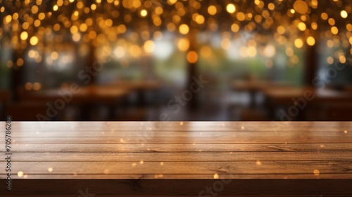 Cozy Wooden Table with Bokeh Lights, Perfect for Vintage Home Decor and Festive Celebrations © Sunanta