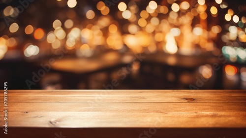 Cozy Wooden Table with Bokeh Lights, Perfect for Vintage Home Decor and Festive Celebrations