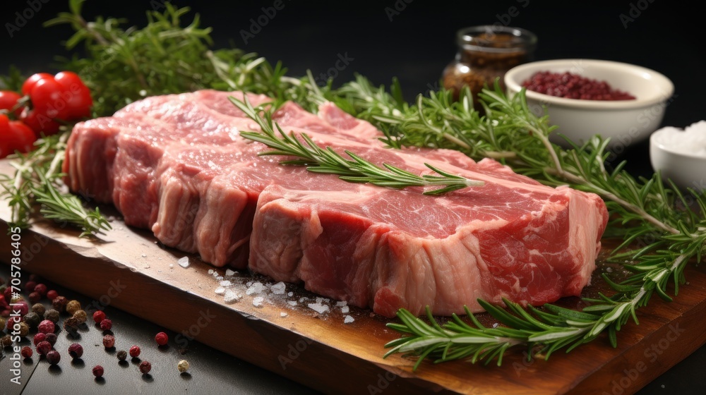 a piece of raw meat sitting on top of a wooden cutting board next to a bowl of seasoning and a pepper sprig of rosemary on the side. a piece of raw meat sitting on top of a wooden cutting board next to a bowl of seasoning and a pepper sprig of rosemary on the side.