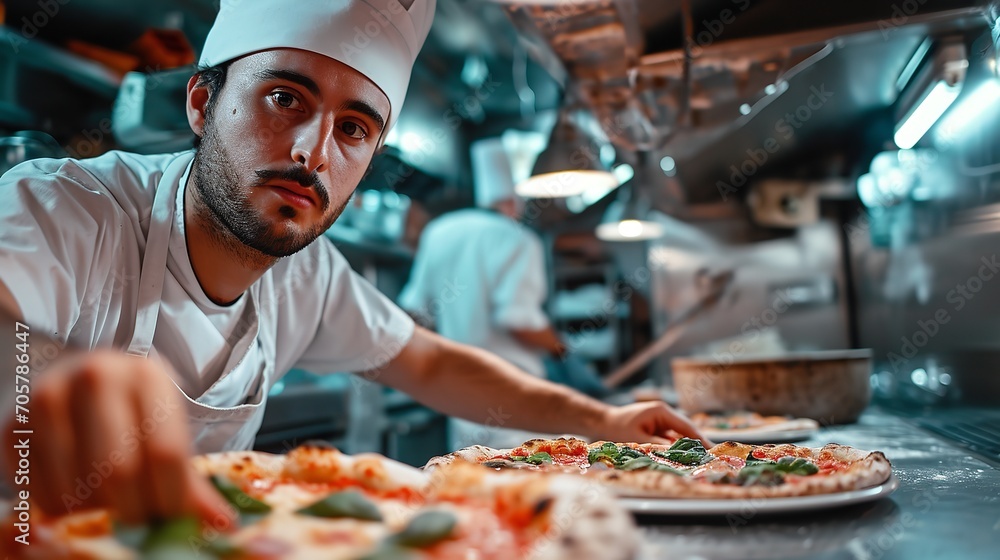 An expert chef making pizza in a restaurant kitchen, shown in close-up, Generative AI.