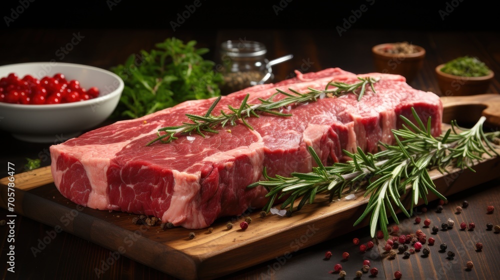  a piece of raw meat sitting on top of a wooden cutting board next to a bowl of pomegranate and a sprig of rosemary on the side.