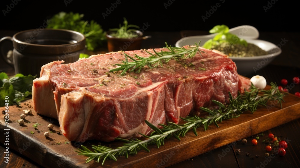  a piece of raw meat sitting on top of a wooden cutting board next to a bowl of seasoning and a bowl of spices and seasoning next to it.