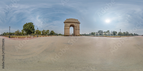 full seamless spherical hdri 360 panorama near Gate of India, war memorial in Delhi without people and tourists in equirectangular projection with zenith and nadir, for  VR virtual reality content photo