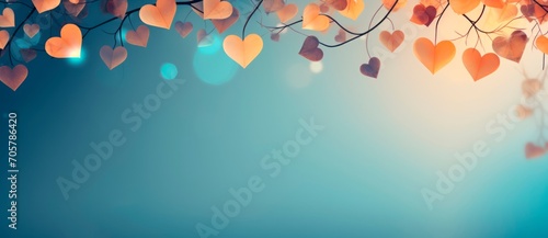 colorful hearts branches hanging from tree branch with blurry background, horizontal banner, copy space for text, valentines birthday or wedding concept 