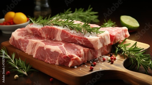  a couple of pieces of meat sitting on top of a wooden cutting board next to a bowl of lemons and a slice of lime on a wooden cutting board.