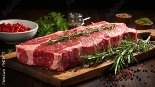  a piece of raw meat sitting on top of a wooden cutting board next to a bowl of pomegranate and a sprig of rosemary on the side.