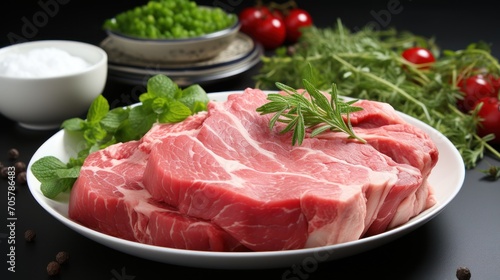  a close up of a plate of meat on a table with herbs and other foods on the side of the plate and a bowl of salt and pepper on the side.