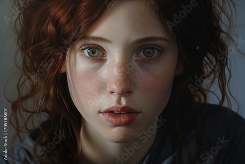  a painting of a young girl with freckles on her face and freckles on her lips, with freckles on her face and freckles on her lips.