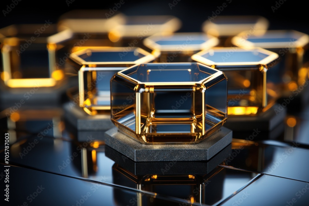  a group of shiny cubes sitting on top of a black table next to a black table with a yellow light on top of one of the other cubes.