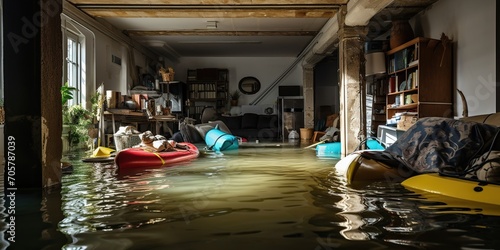 Water damage in the basement following a flood, with objects floating around , concept of Fluid accumulation photo