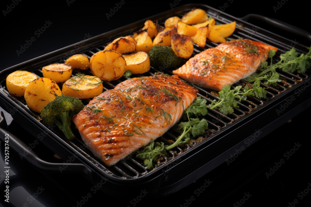 a close up of food on a grill with broccoli and potatoes on a black surface with a black back ground with a black surface with a black background. a close up of food on a grill with broccoli and potatoes on a black surface with a black back ground with a black surface with a black background.