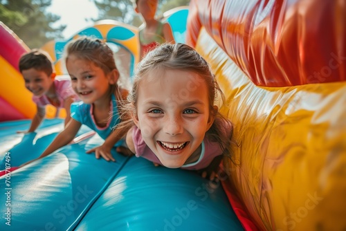 A jubilant bunch of children enjoying the inflatable bounce house, colorful, Generative AI. photo
