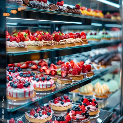 Berries inside sweet pastry display cabinet in confectionery store, close shot, delicious, Generative AI.