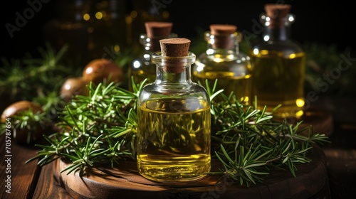  a wooden table topped with bottles of olive oil and a sprig of rosemary next to olives and an onion on a cutting board with other olives in the background.