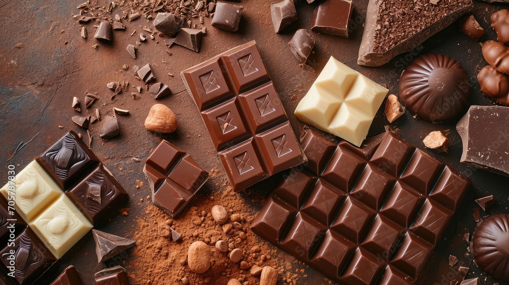 Composition of bars and pieces of different milk and dark chocolate, grated cocoa on a brown background top view Composition of bars and pieces of different milk and dark chocolate, grated cocoa on a brown background top view