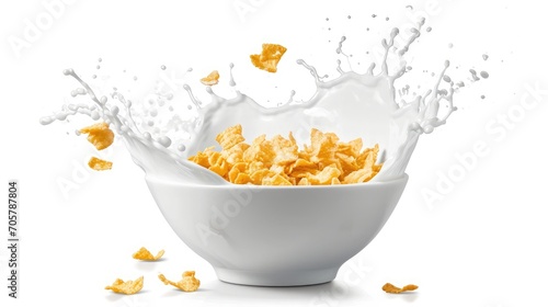 Corn flakes with milk splash in white bowl isolated on white background. 
