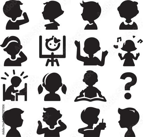 Set of silhouettes kids baby children editable vector icon in various poses