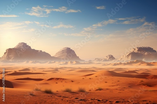  a desert landscape with sand dunes and rocks in the distance with a blue sky and clouds in the distance with a few clouds in the sky and a few clouds in the foreground.