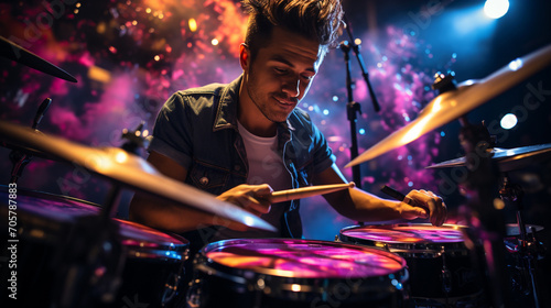 A young drummer, playing in the middle of a concert, with colored lights and neon. Drums with its cymbals, bass drum and snare drum on display.