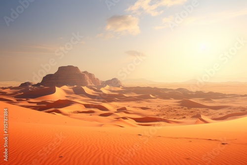  a desert landscape with sand dunes and a mountain in the distance with a bright sun in the middle of the sky and a few clouds in the middle of the sky.