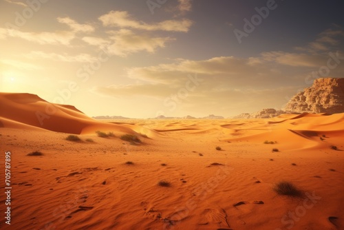  the sun is setting over a desert with sand dunes and a rocky mountain in the distance in the distance is a rocky outcropping in the foreground.