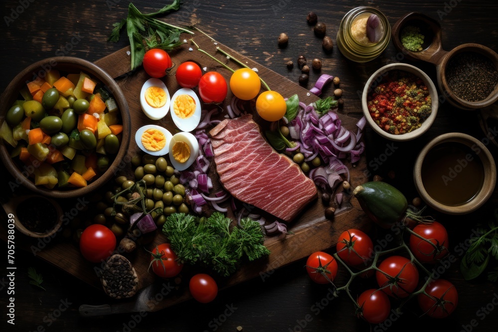 a wooden cutting board topped with lots of different types of food next to bowls of eggs, tomatoes, olives, peppers, and other foods on top of which are sitting on a table. a wooden cutting board topped with lots of different types of food next to bowls of eggs, tomatoes, olives, peppers, and other foods on top of which are sitting on a table.