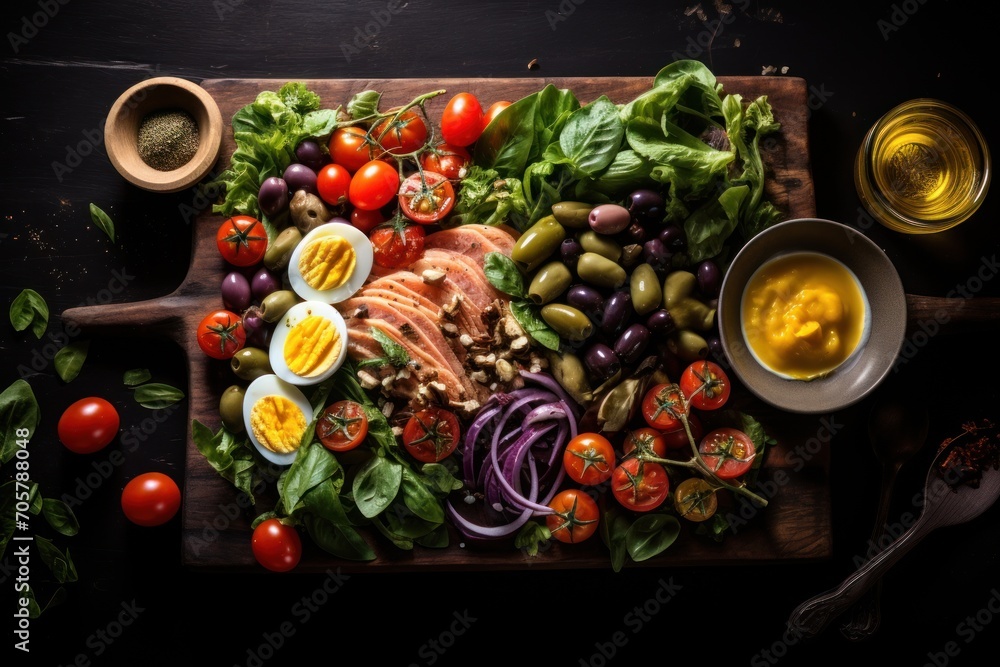  a wooden cutting board topped with lots of veggies next to a bowl of olives and an egg on top of a pile of lettuce and tomatoes.