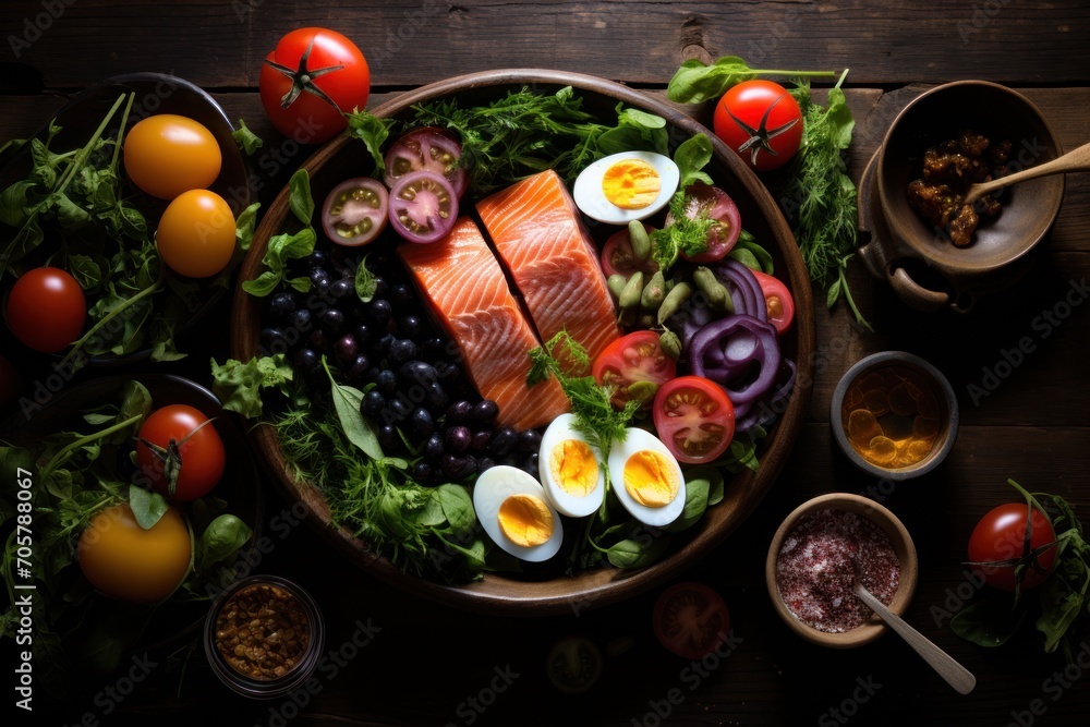  a bowl of salmon, eggs, tomatoes, olives, lettuce, cherry tomatoes, blueberries, and other foodstuffs on a wooden table.