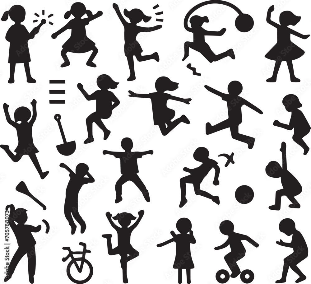 Set of silhouettes kids baby children editable vector icon in various poses Set of silhouettes kids baby children editable vector icon in various poses