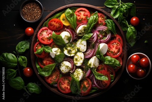  a bowl of tomatoes, onions, mozzarella and spinach on a dark wooden table with basil, pepper, tomatoes, and other ingredients to the top view from above.
