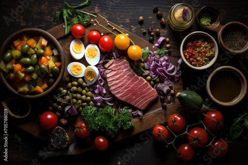  a wooden cutting board topped with lots of different types of food next to bowls of eggs, tomatoes, olives, peppers, and other foods on top of which are sitting on a table.