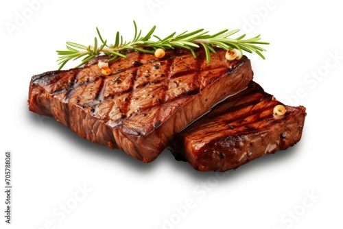  a close up of two steaks with a sprig of rosemary on the top of the steak and on the bottom of the steak is a white background.