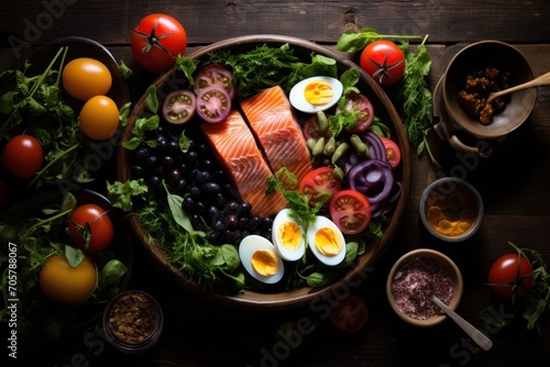  a bowl of salmon, eggs, tomatoes, olives, lettuce, cherry tomatoes, blueberries, and other foodstuffs on a wooden table.