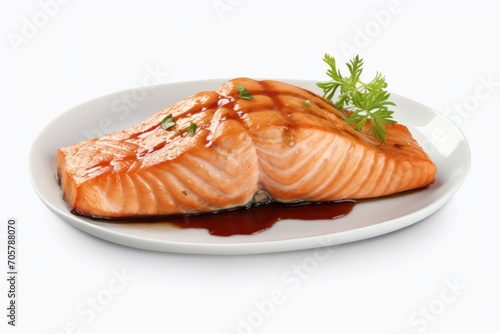  a white plate topped with a piece of salmon covered in sauce and garnished with a sprig of green leafy garnish on top of parsley.