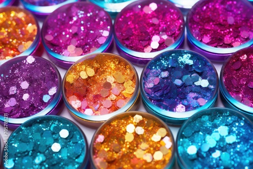  a close up of a bunch of different colors of sequins on a white surface with lots of different colors of sequins on top of the sequins.