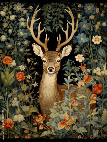 A Deer In The Middle Of Floral Tapestry, A Deer In A Garden photo