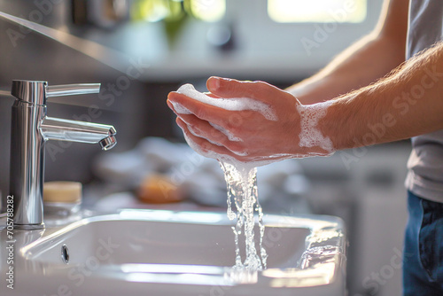  Hygiene concept : Man washing his hands with soap in the kitchen.