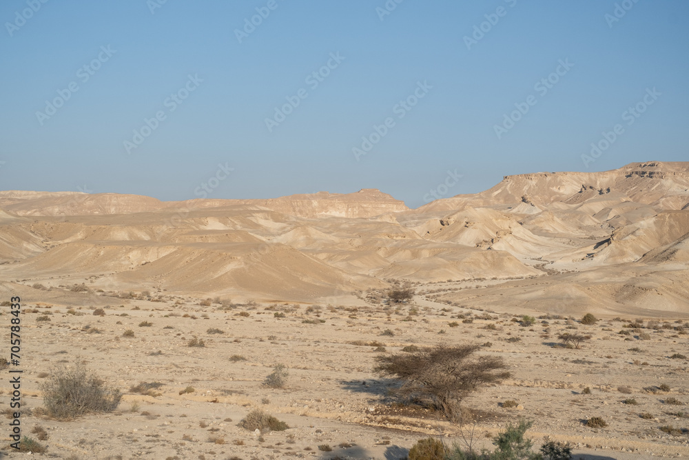 Negev Desert landscape in southern Israel during the summer. Desert volcanic rocks nature Negev Desert landscape in southern Israel during the summer. Desert volcanic rocks nature