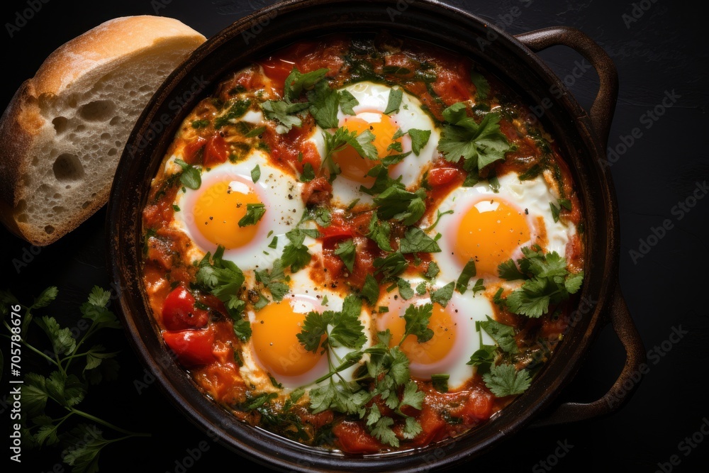  a pan filled with eggs, tomatoes, and parsley on top of a table next to a piece of bread and a piece of bread on a black surface.